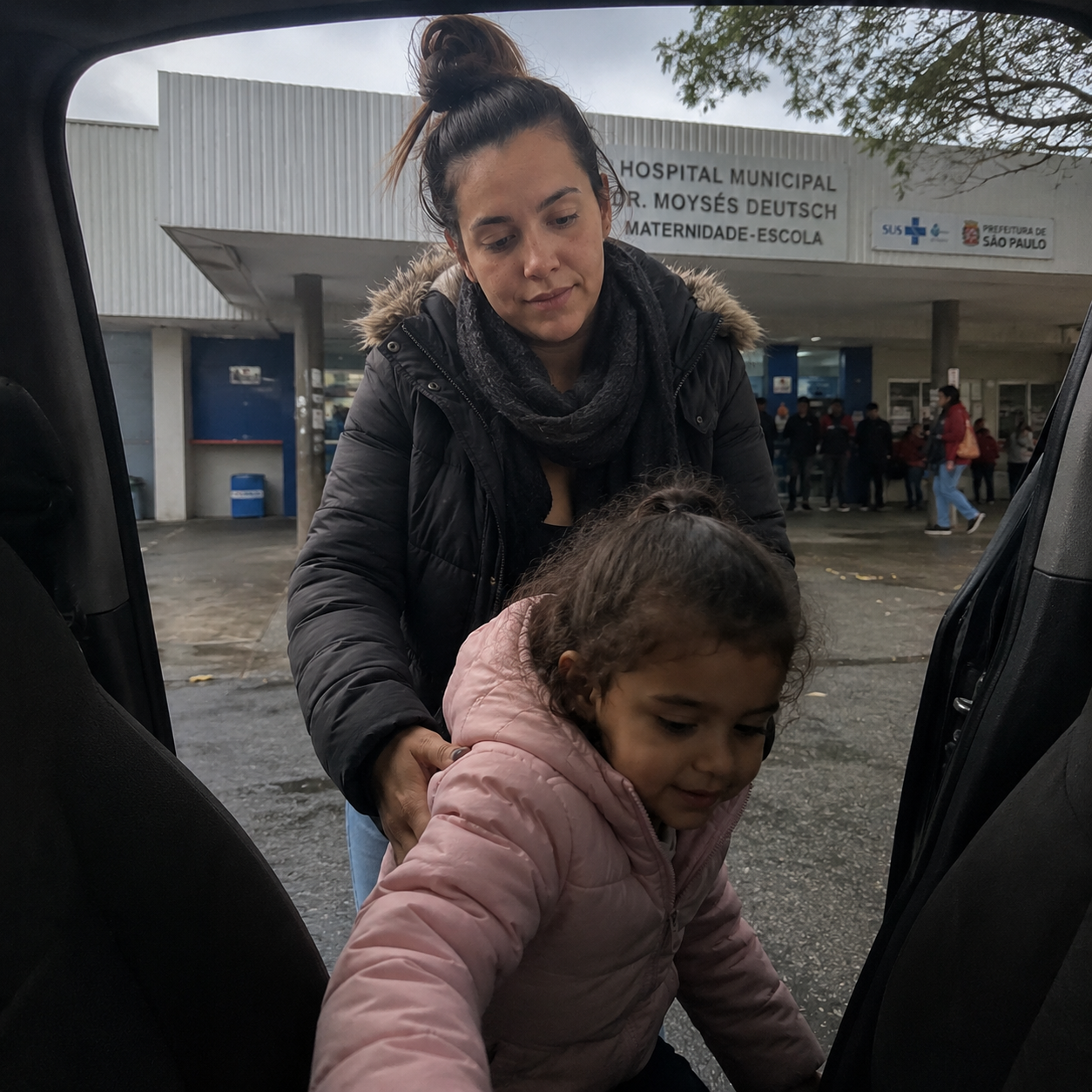 Mãe saindo do hospital com bebê — cena de alívio e cuidado